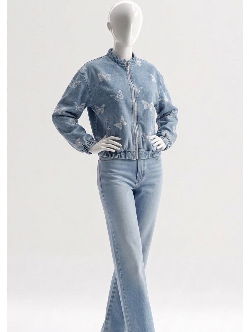 Women's Light Blue Butterfly Denim Jacket with Zip Front